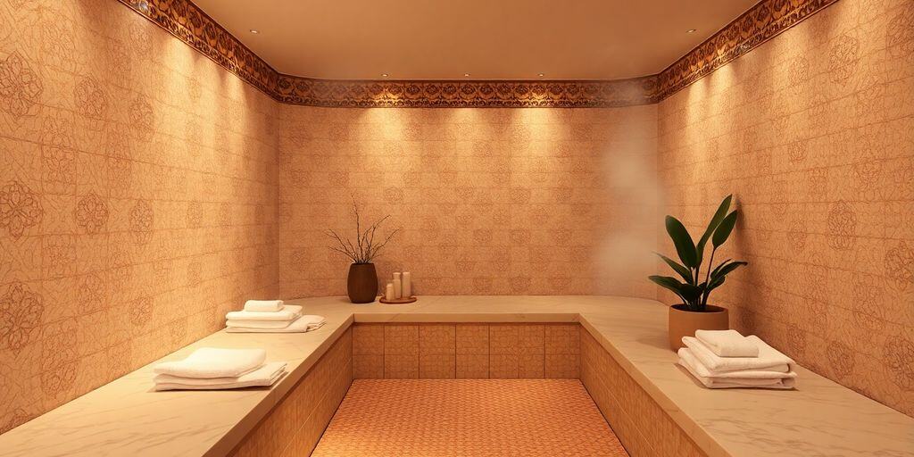 Hamam-Dampfraum mit beheiztem Marmorliegestein (Göbektaşı) und Kuppelgewölbe