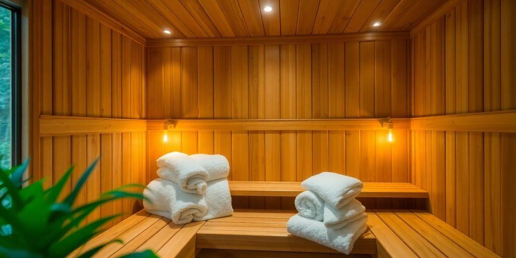 Helle Heimsauna mit Holzverkleidung, zweistufigen Bänken und indirekter LED-Beleuchtung
