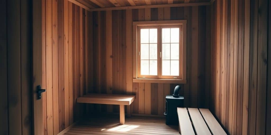Rohbau einer Heimsauna aus hellem Fichtenholz mit freiliegender Wandkonstruktion