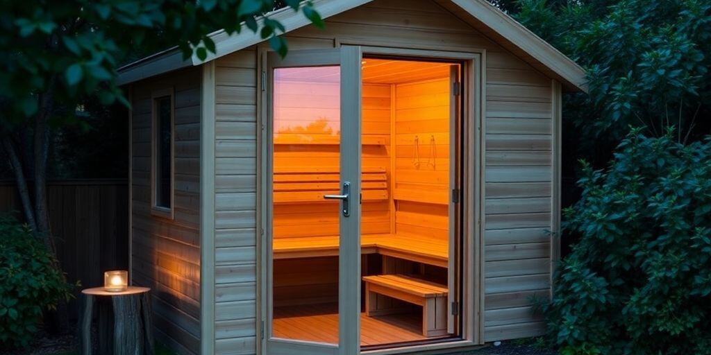 Selbst gebaute Sauna-Kabine aus Fichtenholz mit Glasfront und Holzbänken