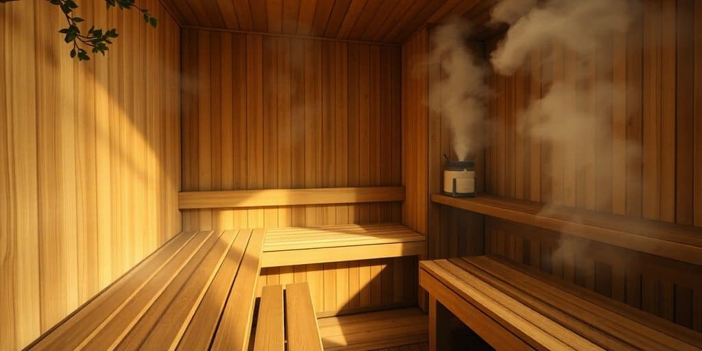 Holzsauna in Deutschland mit dampfenden Saunasteinen und Holzverkleidung