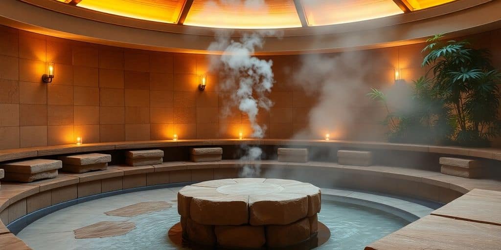 Tepidarium mit beheizten Natursteinliegen und gedämpftem Licht