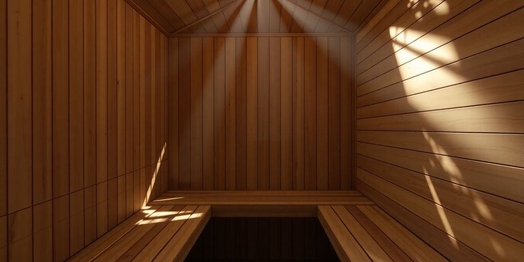 Innenraum einer Zirbensauna aus hellem Zirbenholz mit Holzbänken und Saunaofen